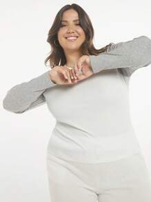 SHEIN BASICS Talla grande Camiseta de color combinado de manga raglán - Blanco - Ver 5