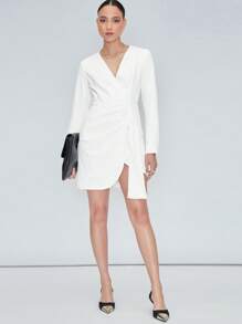 Maija Surplice cổ Váy Wrap Hem Trang phục làm việc - trắng - Xem 7