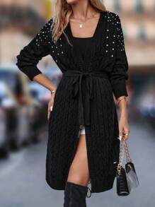 SHEIN Clasi Ngọc trai đính cườm Thả vai Thắt lưng Xoắn Dan Áo len Duster - màu đen - Xem 3