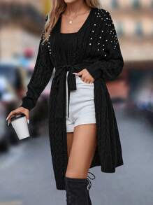 SHEIN Clasi Ngọc trai đính cườm Thả vai Thắt lưng Xoắn Dan Áo len Duster - màu đen - Xem 1