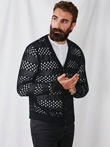 GENTILAND Men Hollow Out Button Front Cardigan - Black - View 5