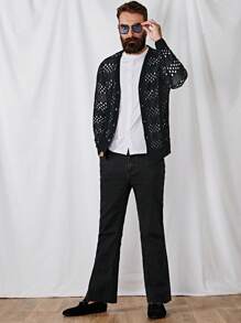 GENTILAND Men Hollow Out Button Front Cardigan - Black - View 3