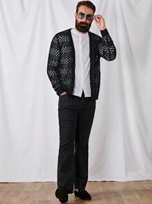 GENTILAND Men Hollow Out Button Front Cardigan - Black - View 4