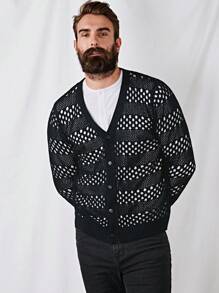 GENTILAND Men Hollow Out Button Front Cardigan - Black - View 1