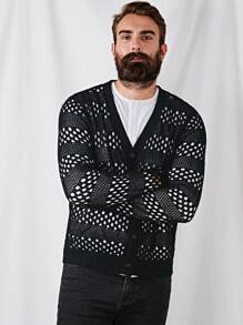GENTILAND Men Hollow Out Button Front Cardigan - Black - View 6