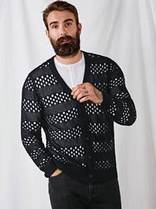 GENTILAND Men Hollow Out Button Front Cardigan - Black - View 8