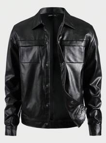 GENTILAND Loose Fit Men Solid PU Leather Long Sleeve Casual Jacket - Black - View 1
