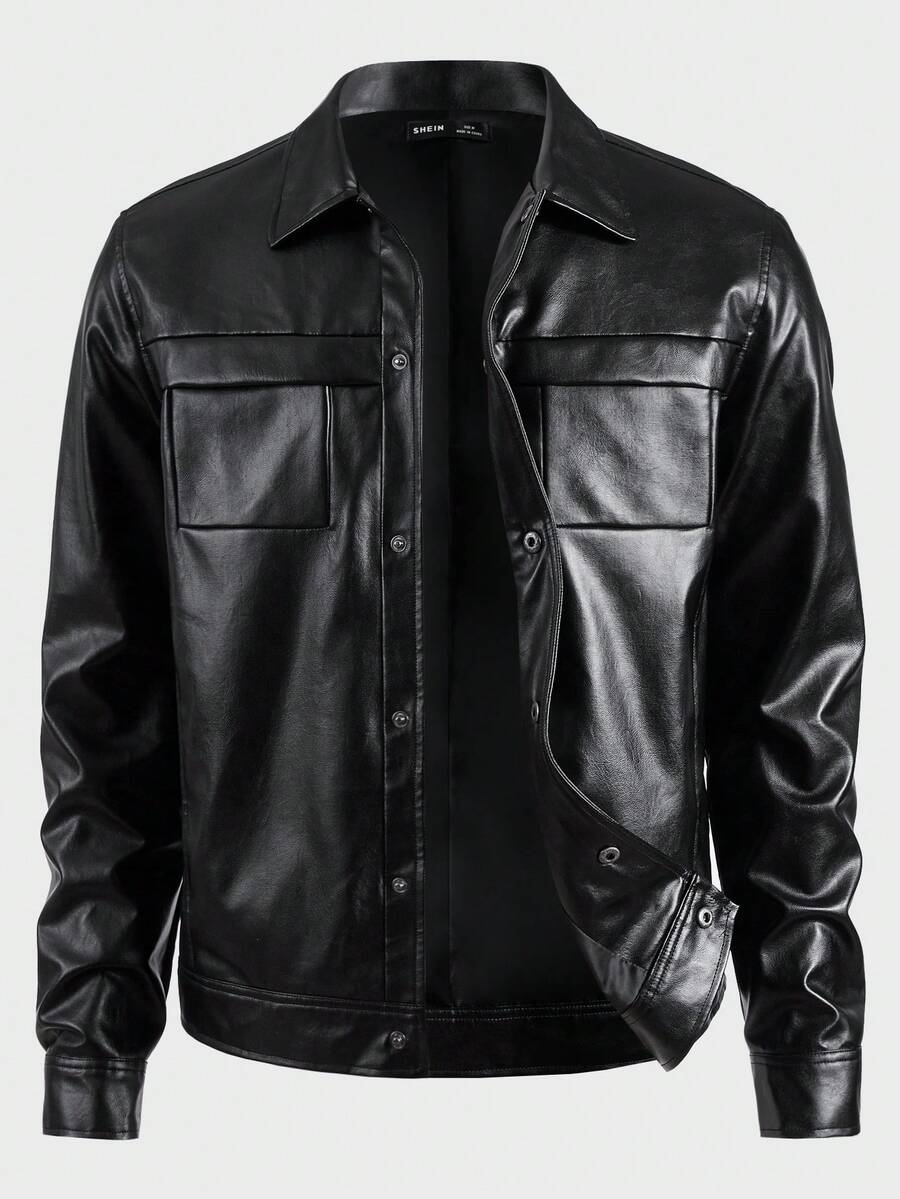 GENTILAND Loose Fit Men Solid PU Leather Long Sleeve Casual Jacket - Black - View 1