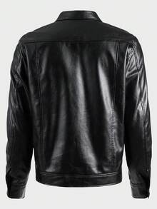 GENTILAND Loose Fit Men Solid PU Leather Long Sleeve Casual Jacket - Black - View 2