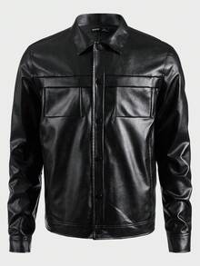 GENTILAND Loose Fit Men Solid PU Leather Long Sleeve Casual Jacket - Black - View 3
