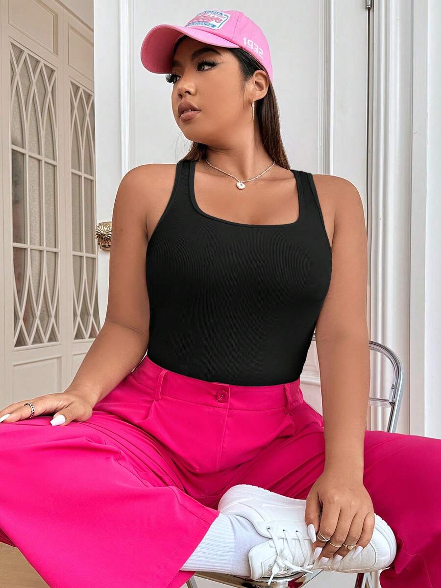 SHEIN EZwear 大碼素色條紋針織背心連體衣 - 黑色 - 查看 1