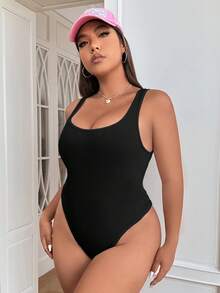 SHEIN EZwear 大碼素色條紋針織背心連體衣 - 黑色 - 查看 3