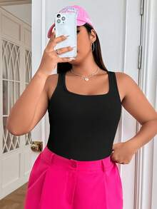 SHEIN EZwear 大碼素色條紋針織背心連體衣 - 黑色 - 查看 8