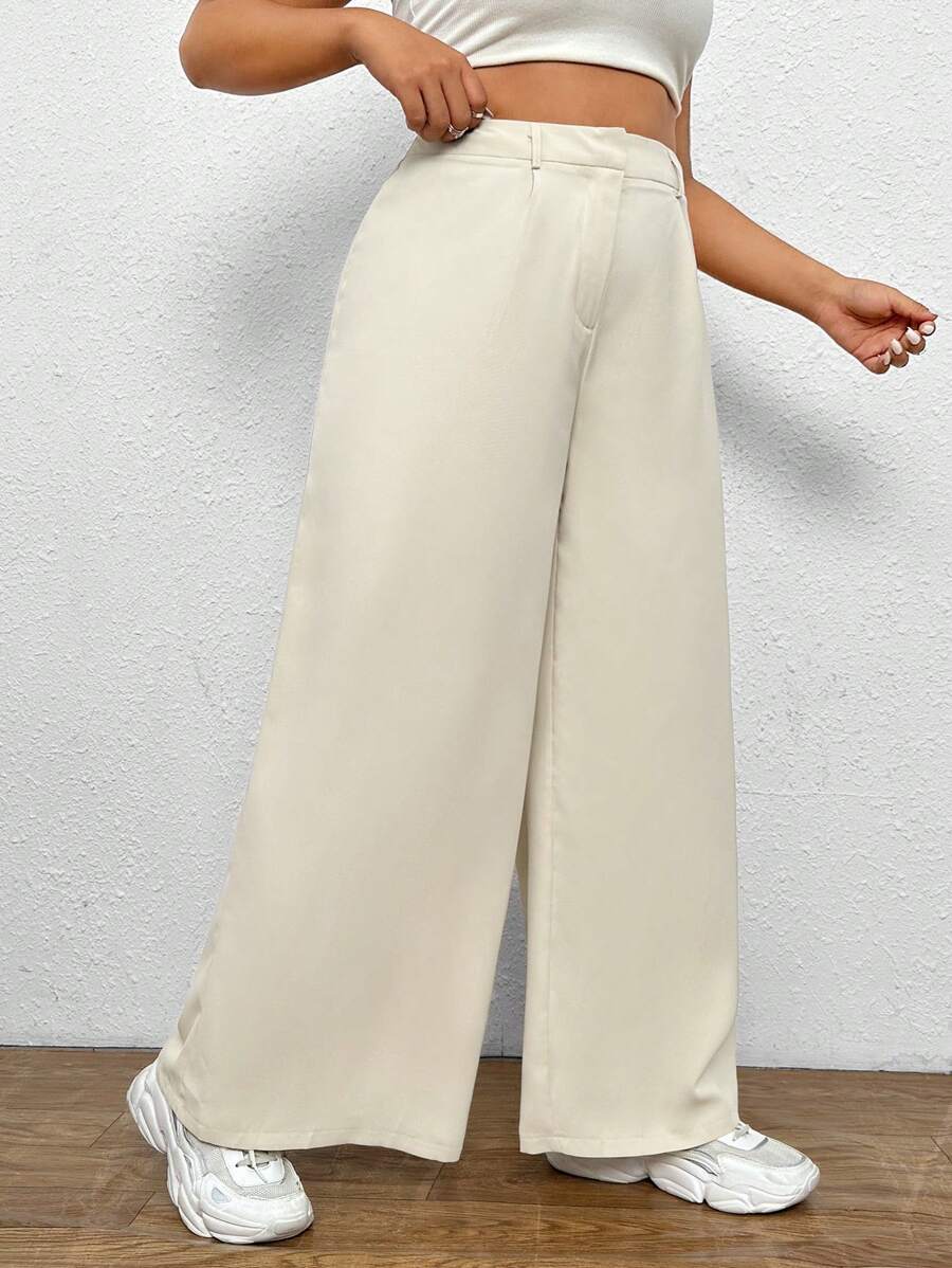 SHEIN EZwear 大碼高腰闊腿褲 - 米色 - 查看 1