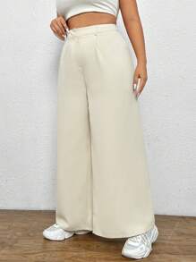 SHEIN EZwear 大碼高腰闊腿褲 - 米色 - 查看 3