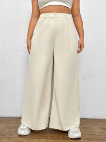 SHEIN EZwear 大碼高腰闊腿褲 - 米色 - 查看 4