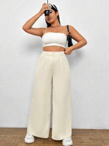 SHEIN EZwear 大碼高腰闊腿褲 - 米色 - 查看 5