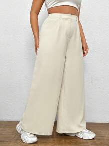 SHEIN EZwear 大碼高腰闊腿褲 - 米色 - 查看 6