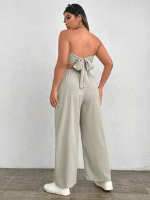 SHEIN EZwear Plus Hanky Hem Tube Top & Wide Leg Pants - Khaki - View 2