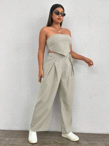 SHEIN EZwear Plus Hanky Hem Tube Top & Wide Leg Pants - Khaki - View 3