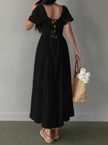 RueChic Sweetheart Neck Puff Sleeve Ruffle Hem Dress - Black - View 2