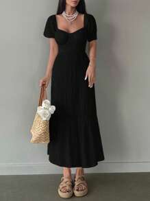 RueChic Sweetheart Neck Puff Sleeve Ruffle Hem Dress - Black - View 4