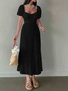 RueChic Sweetheart Neck Puff Sleeve Ruffle Hem Dress - Black - View 5