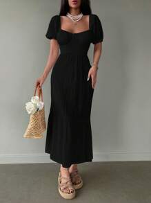 RueChic Sweetheart Neck Puff Sleeve Ruffle Hem Dress - Black - View 6