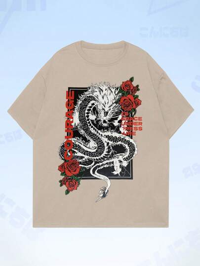 ROMWE MEN Anime 男士花卉圖案和龍圖案T恤