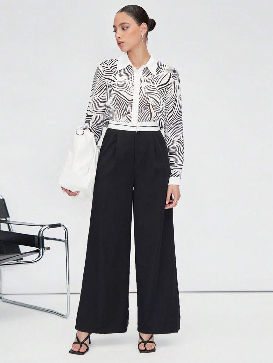 BizChic In Toàn bộ Nút phía trước Áo sơ mi Trang phục làm việc - Đen và trắng - Xem 1