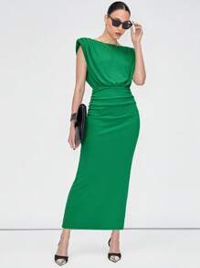 Maija 素色墊肩抽褶細節連衣裙