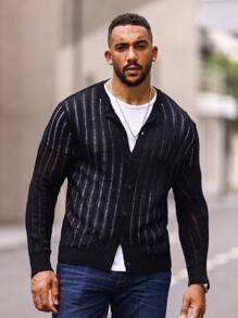 Manfinity Homme Men Pointelle Knit Cardigan - Black - View 4