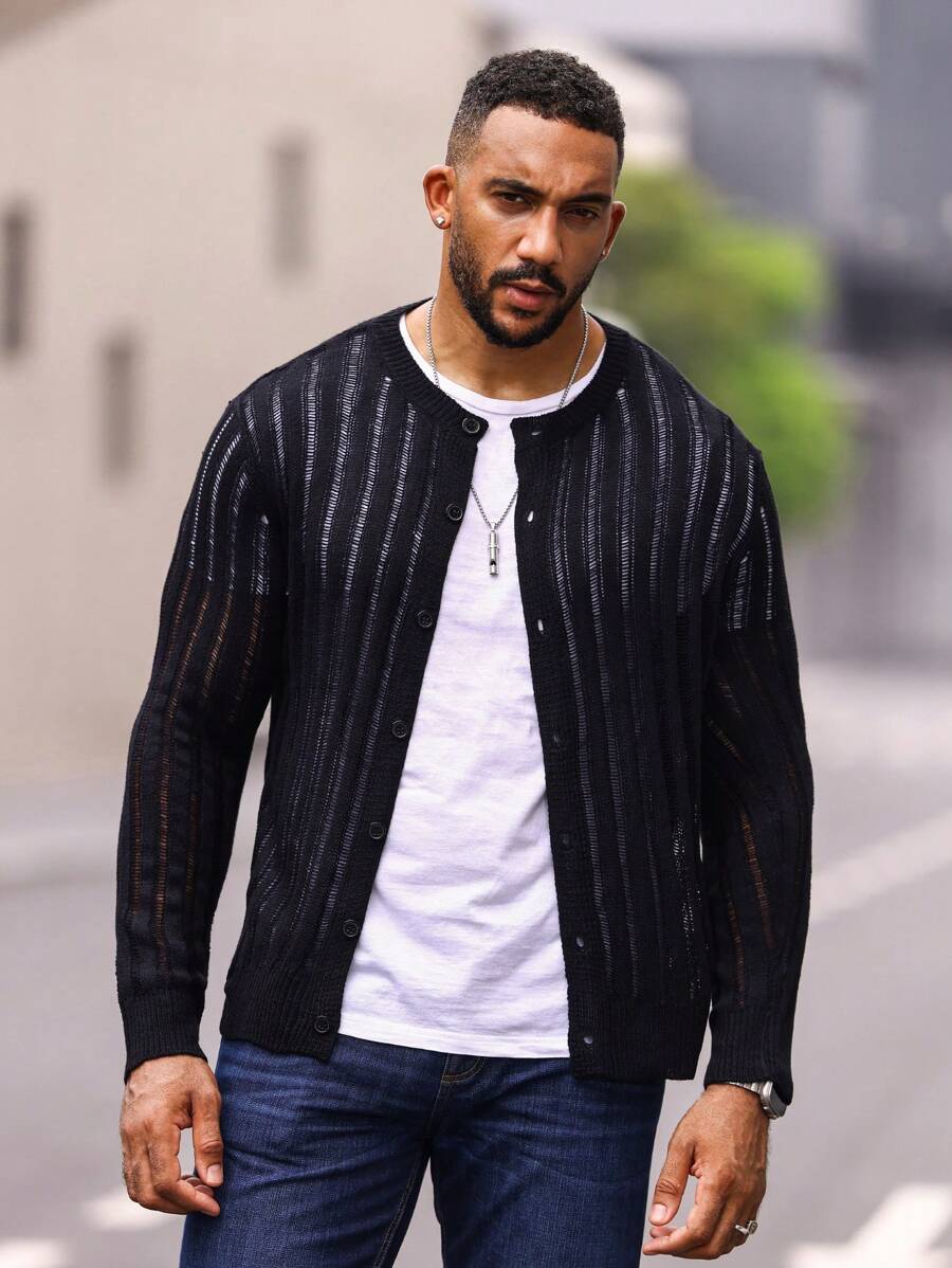 Manfinity Homme Men Pointelle Knit Cardigan - Black - View 1