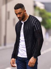 Manfinity Homme Men Pointelle Knit Cardigan - Black - View 8