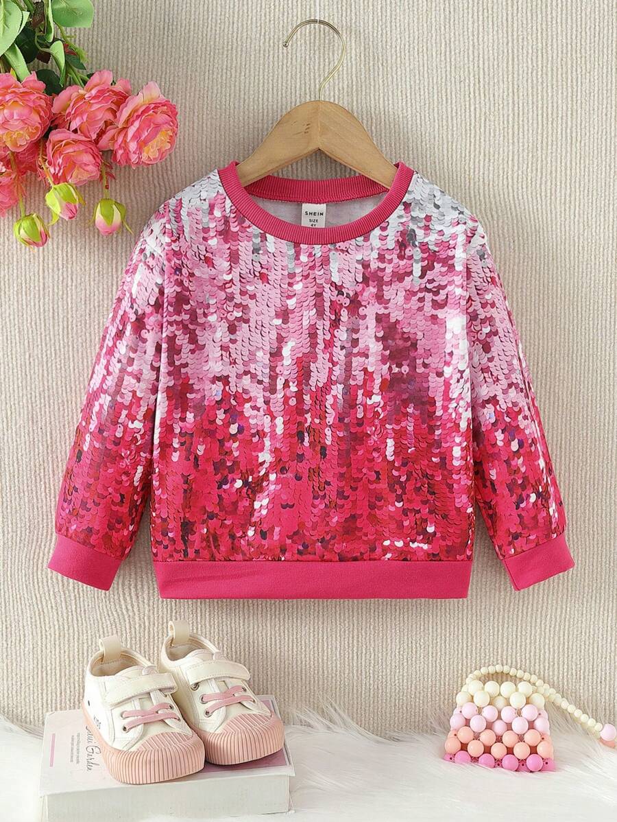 SHEIN 年輕女孩閃亮漸層閃光圓領運動衫，搭配常規袖 - 粉色 - 查看 1