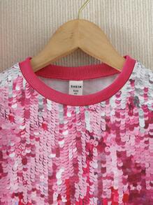 SHEIN 年輕女孩閃亮漸層閃光圓領運動衫，搭配常規袖 - 粉色 - 查看 3