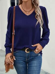 SHEIN LUNE 素色V領泡泡袖T恤 - 藍色 - 查看 1