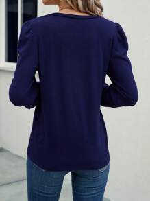 SHEIN LUNE 素色V領泡泡袖T恤 - 藍色 - 查看 2