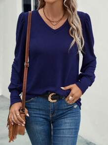 SHEIN LUNE 素色V領泡泡袖T恤 - 藍色 - 查看 5