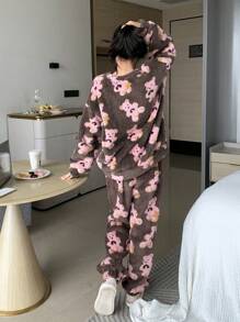 DAZY Bear Pattern Drop Shoulder Top & Pants Teddy PJ Set, Fall Winter Clothes - Multicolor - View 2