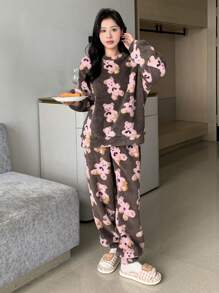 DAZY Bear Pattern Drop Shoulder Top & Pants Teddy PJ Set, Fall Winter Clothes - Multicolor - View 4
