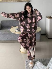 DAZY Bear Pattern Drop Shoulder Top & Pants Teddy PJ Set, Fall Winter Clothes - Multicolor - View 6