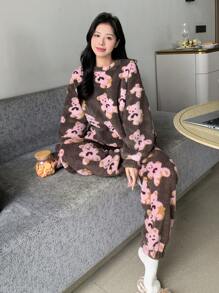 DAZY Bear Pattern Drop Shoulder Top & Pants Teddy PJ Set, Fall Winter Clothes - Multicolor - View 7