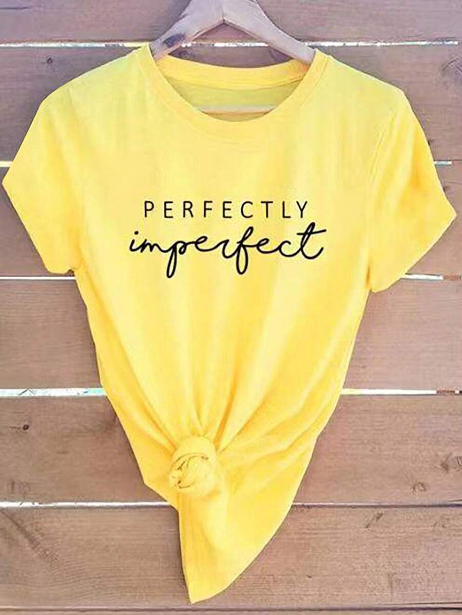 Chiquease Letter Graphic Short Sleeve Tee PERFECTLY Imperfect Graphic Tees Women Tops - Yellow - View 1