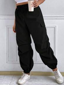 Flirla Plus Flap Pocket Side Drawstring Waist Cargo Trousers - Black - View 3