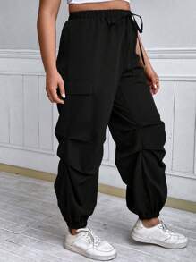 Flirla Plus Flap Pocket Side Drawstring Waist Cargo Trousers - Black - View 5