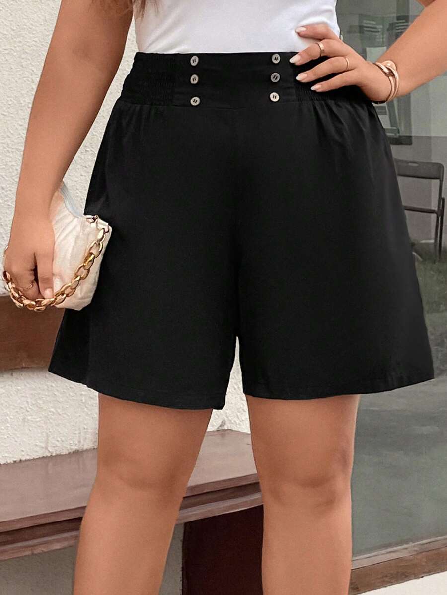 SHEIN LUNE Hơn Chi tiết Nút Quần short chân rộng - màu đen - Xem 1
