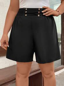 SHEIN LUNE Hơn Chi tiết Nút Quần short chân rộng - màu đen - Xem 4