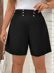 SHEIN LUNE Hơn Chi tiết Nút Quần short chân rộng - màu đen - Xem 5