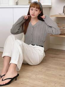 DAZY Cárdigan crop tejido de canalé con botón delantero - Gris - Ver 9